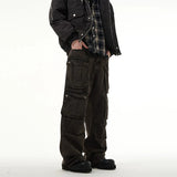 Taooba- 10709 WASHED BROWN CARGO STRAIGHT DENIM PANTS