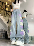 outfit ideas for school American-Style Light-Colored Butterfly Embroidered Jeans Women's Fashionable Design High Waist Loose Slimming Straight Wide-Leg Mopping Pants