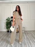 Taooba- Casual Round Neck Short Sleeve Top High Waist Wide Leg Pants Set