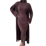 tie outfit 2024 Autumn and Winter Women's Solid Color Casual Long Sweater Dress Two-Piece Set