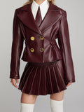 2000s fashion 2024 Spring and Autumn Sexy Wine Red Short Jacket Pleated Skirt Suit Suit Collar Sweet and Spicy Style