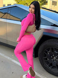 Taooba- Pink 2 Piece Crop Top Zipper Jacket and Flared Pants Set