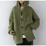 dandy hoodie Retro Green Horn Buckle Twist Sweater Coat for Women Spring and Autumn Loose Lazy Hooded Knitted Cardigan Thickened Upper