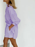 Taooba- Two Piece Solid Color Stripes Long Sleeve Loose Shorts Suit