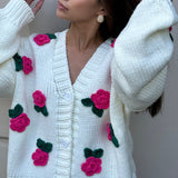 sweater Autumn and Winter Women's Clothing New Three-Dimensional Rose Flower Knitted Cardigan Top Handmade Crocheted Sweater Coat