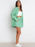 Taooba- Green Striped Long Sleeves and Shorts Set