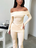 Taooba- Beige Off Shoulder Asymmetrical Top and Pants Set