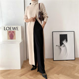 long sweater dress outfit  Goddess Style Long Knitted Turtleneck Sweater Long Skirt Pullover Bottoming Split Slim Fit