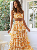 Taooba- Two Piece Orange Floral Crop Top and Layered Skirt