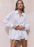 Taooba- White Long Sleeve Collared Button Shirt and Shorts Set