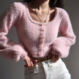 Taooba Aria Rose Button Fuzzy Crop Cardigan