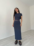 Taooba- Casual Blue Round Neck Crop Top and Skirt Set