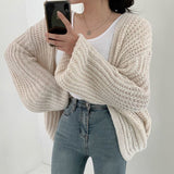 outfit inspo Chic Autumn Lazy Style V-neck Versatile Loose Casual Solid Color Lantern Sleeve Knitted Cardigan Sweater Coat