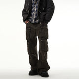 Taooba- 10709 WASHED BROWN CARGO STRAIGHT DENIM PANTS