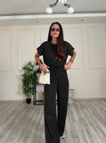 Taooba- Casual Round Neck Short Sleeve Top High Waist Wide Leg Pants Set