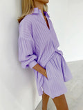 Taooba- Purple Two Piece Striped Loose Shirt Elastic Waist Short Set