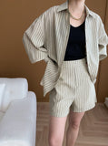 Taooba- French Stripe Long-Sleeved Shirt and Shorts Set