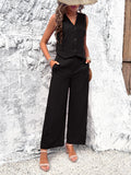 Taooba- Black V-Neck Buttoned Vest Casual Set Suit