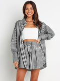 Taooba- Black Striped Long Sleeves and Shorts Set