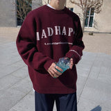 Taooba-5574 CLARET RED KNITTED LETTERED CREWNECK SWEATER