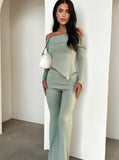 Taooba- Green Off Shoulder Asymmetrical Top and Pants Set