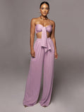 Taooba- Pink Lace-Up Tube Top and Mid Waist Wide Leg Pants