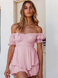 Taooba- Sexy Pink Off Shoulder Tie Waist Top and Short Set