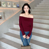 casual dinner outfit fall 14-Pin Skin-Friendly Anti-Pilling French Style Women's Wool Top off-the-Shoulder Collarbone Sweater 2024 Autumn