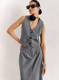 Taooba- French Style High-Waist V-Neck Sleeveless Casual Two-Piece Suit