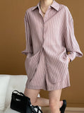 Taooba- French Stripe Long-Sleeved Shirt and Shorts Set