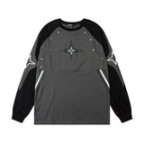 90s streetwear American Street Tide Contrast Color Stitching Beaded Cross Star Printed round Neck Long Sleeve T-shirt Men and Women Loose Casual Tee