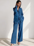 Taooba- Collared Button Long Sleeve Crepe Pajama Home Wear Set