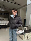 Stand Collar Two-Color Short down Jacket Triangle Logo Contrast Color Warm Bread Coat down Jacket