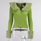 2000s fashion  Fashion Casual Sexy Fur Collar Knitted Long-Sleeved Coat Female 2024 Temperament All-Match Top