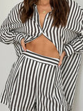 Taooba- Two Piece Women's Polo Collar Striped Thin Suit