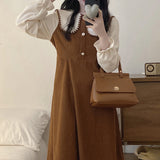 Taooba frat boy outfits Retro Dress Autumn and Winter New Women's Age-Reducing Corduroy Fake Two-Piece Waist Slimming Loose A- line Midi Dress