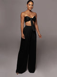 Taooba- Black Lace-Up Tube Top and Mid Waist Wide Leg Pants