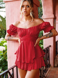 Taooba- Sexy Red Off Shoulder Tie Waist Top and Short Set