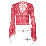 frat outfits INS Style Hot Selling Sexy Deep V Slim Fit All-Match Short Navel Lace Long Sleeve Hot Girl Style Lace Top