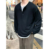 men fall outfits Fake Two-Piece Henry Collar Long-Sleeved T-shirt Men's Fashion Brand Spring and Autumn Heavy Oversize Top Undershirt