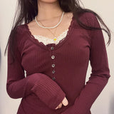 INS Hot Girl Slim-Fit Lace Stitching Fake Two-Piece Breasted Top Wine Red White Autumn and Winter Knitted Long Sleeve