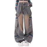 y2k Jeans Women's Autumn Dopamine Wear Retro Distressed Large Pocket Design Straight Trousers