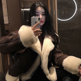 Taooba  pop dress to impress Lamb Fur Fur Integrated Motorcycle Clothing Pu Small Leather Jacket Coat for Women Autumn and Winter Fleece-lined Thickened Korean Style Short