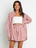 Taooba- Red Striped Long Sleeves and Shorts Set