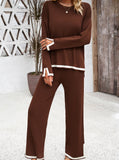 Taooba- Brown Long-Sleeve Shirt and Small Slit Long Pants Knitted Suit