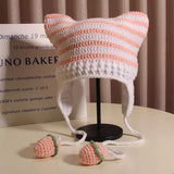 crochet adult hat Japanese Online Celebrity Ins Striped Knitted Wool Hat Women's Cute Trendy Cat Ear Earmuffs Autumn and Winter Warm Hat