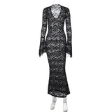 alien invasion dress to impress Hot New Sexy Deep V Lace Pattern Perspective Slim Long Sleeve Street Style Long Dress Women