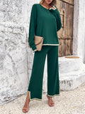 Taooba- Knitted Solid Color Long-Sleeve and Small Slit Long Pants Suit