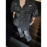 Taooba- 9540 SMOKE GRAY DISTRESSED DENIM SHORT SLEEVE