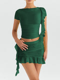 Taooba- Green Two Piece High-Grade Ruffled Tassel Skirt Suit